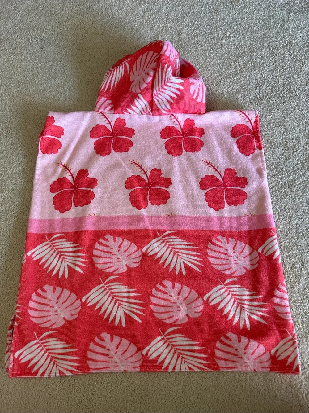Kids Hooded Beach Poncho - White with Multicolor Rainbows and pink floral